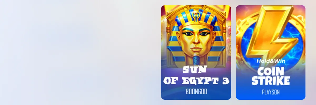 WishWin – pakiet powitalny Baner WishWin – okładki automatów Sun of Egypt 3 i Coin Strike: Hold and Win z lobby kasyna